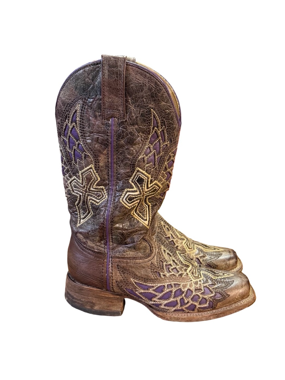 Corral Brown Leather Western Purple Inlay Wings Cross Boots Women’s Size 5.5